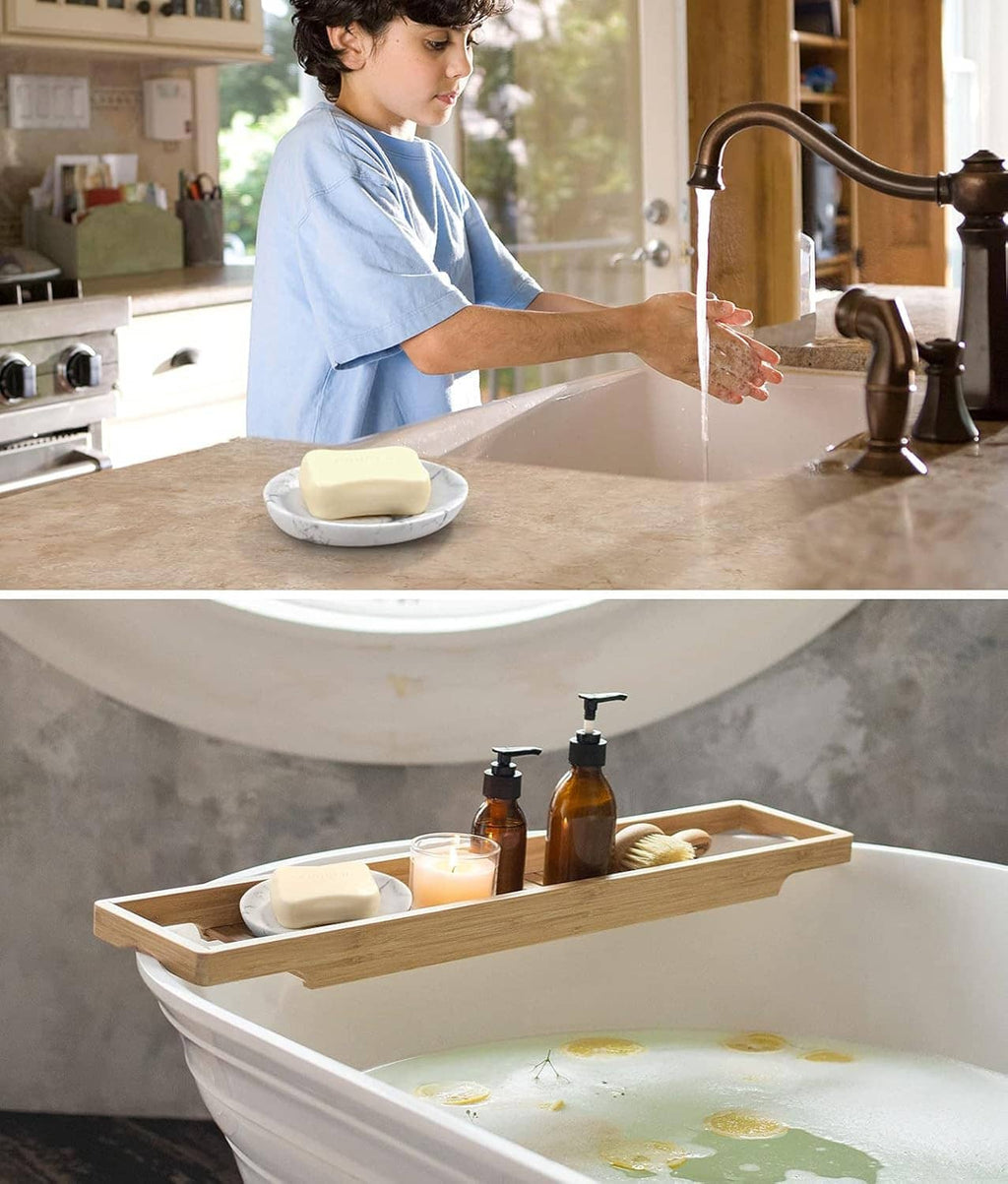 Marble oval soap dish tray on kitchen counter with cream bar soap