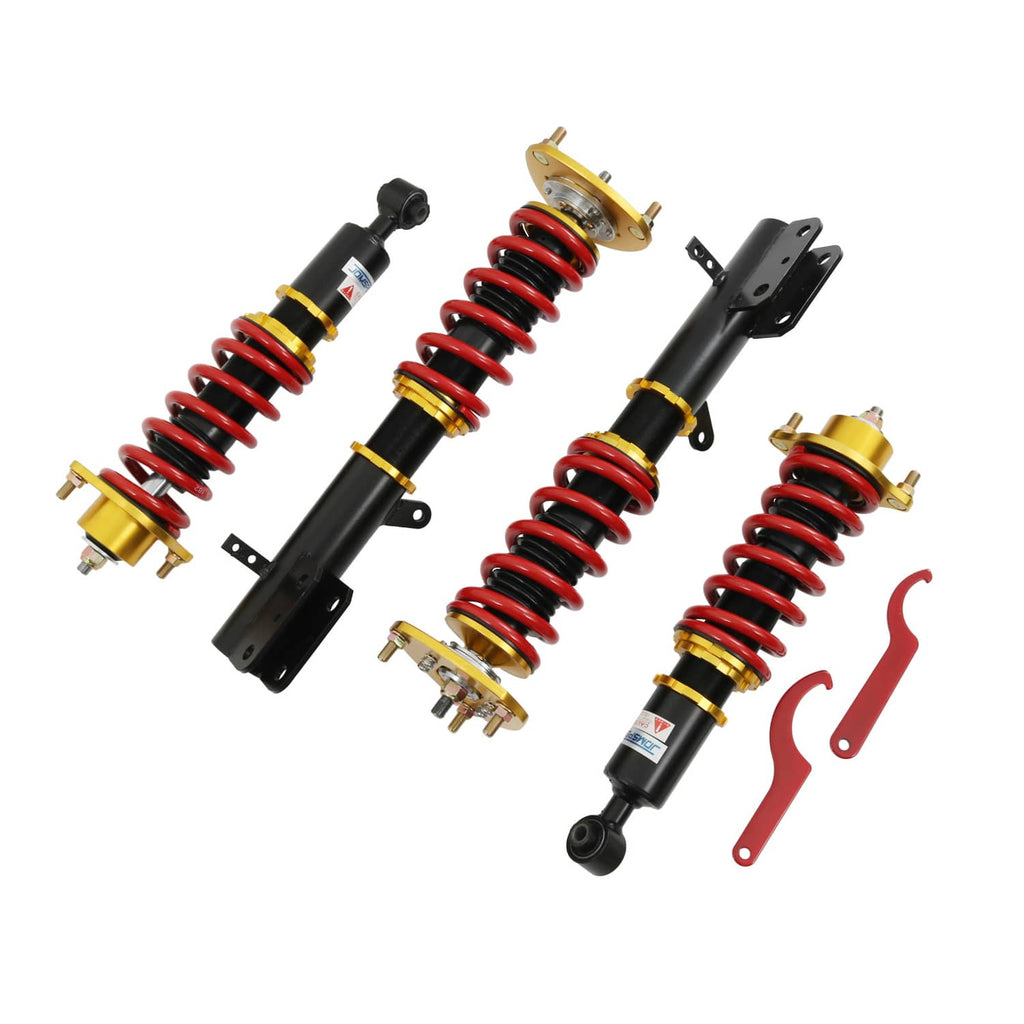 Coilover lowering suspension kit showing four adjustable struts with red coil springs and bracket pieces.