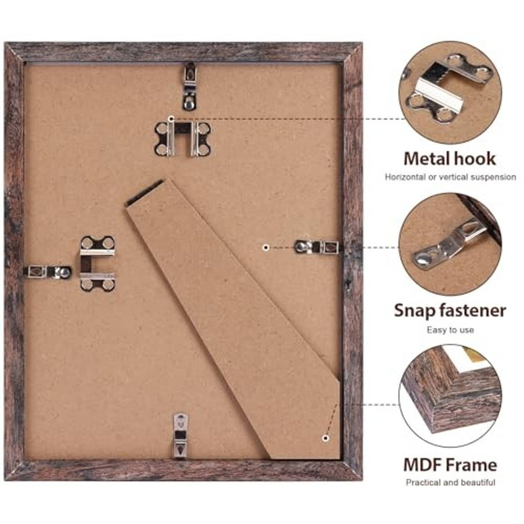 Rustic brown MDF picture frame back with metal hooks and snap fasteners