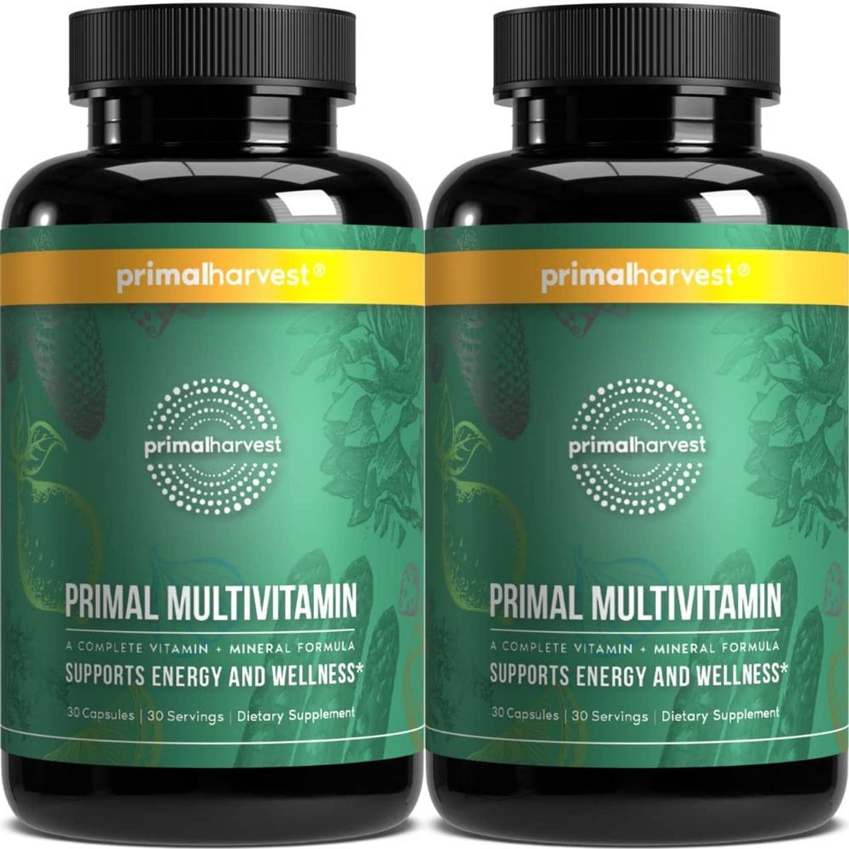 Multivitamin supplement bottles, green label with black caps (two-pack).