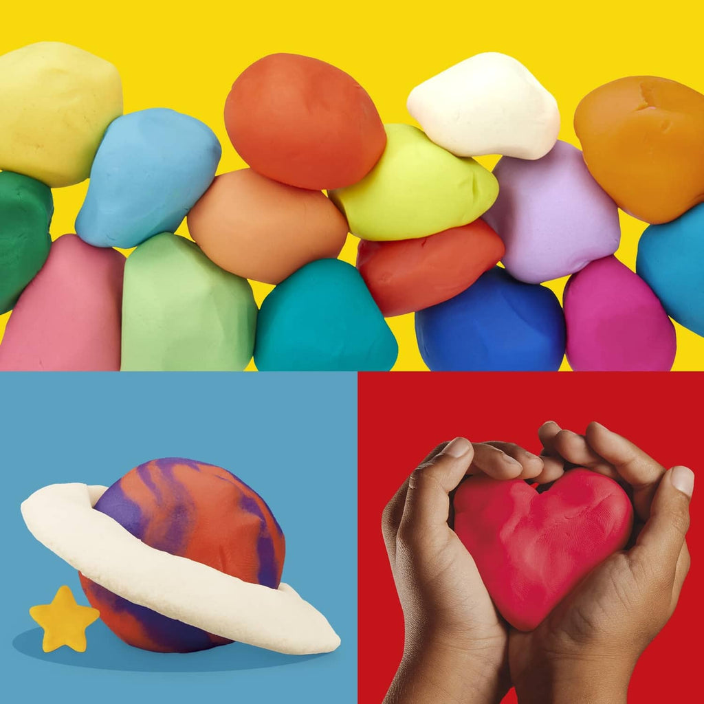 Assorted multicolor Play-Doh lumps and heart shape modeling pieces