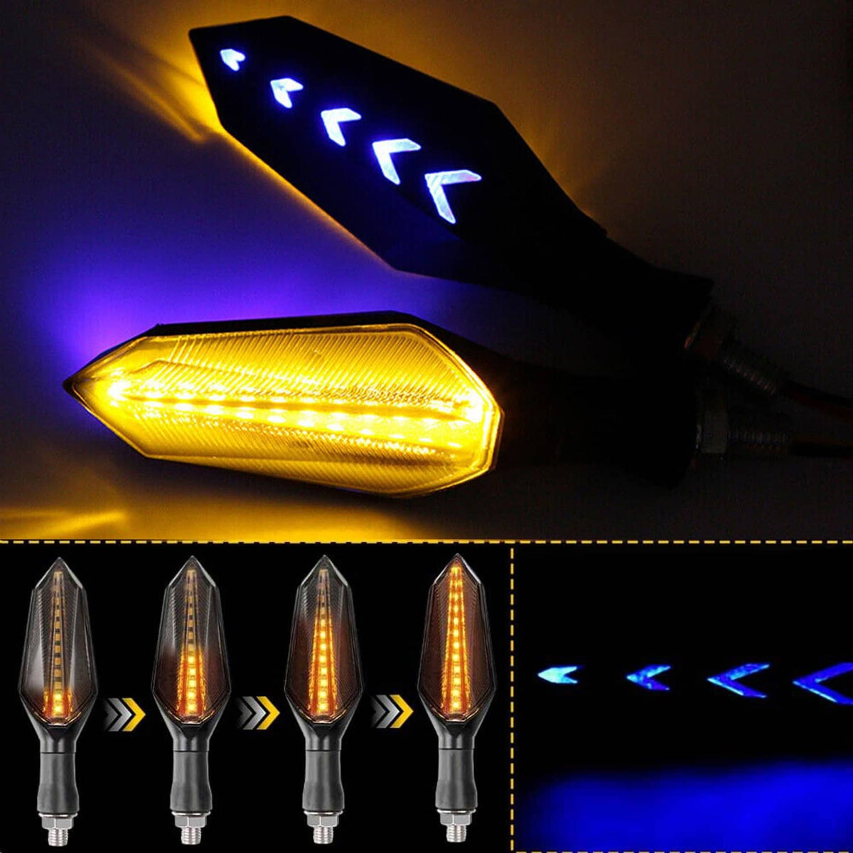Amber LED turn signal with glowing lens and blue arrow indicator, close-up