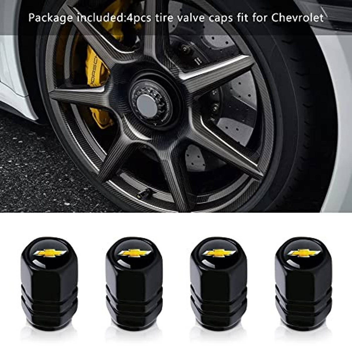 Four black valve stem caps with gold bowtie accents, near a car wheel