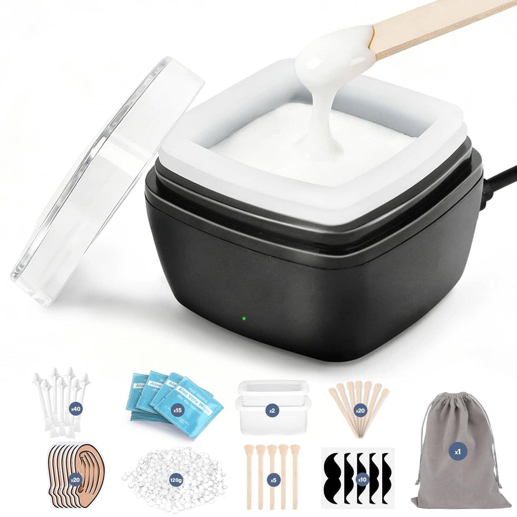 Nose wax kit set with black silicone pots, wax sticks, small packet, and drawstring bag