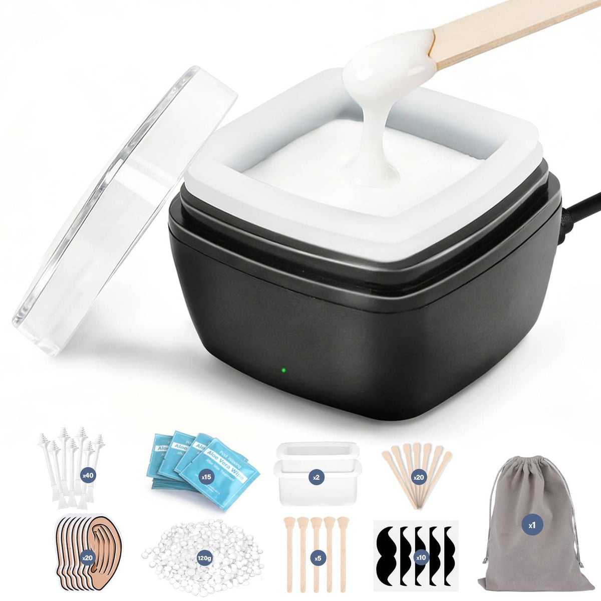 Nose wax kit set with black silicone pots, wax sticks, small packet, and drawstring bag