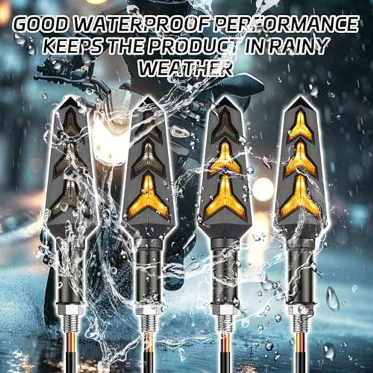 Four waterproof-style motorcycle LED turn signals with amber arrow LEDs on black housings