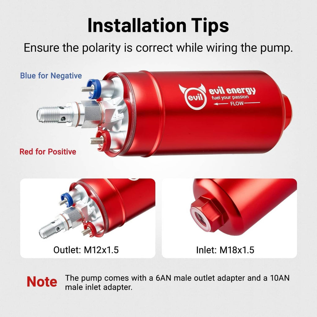 Red inline electric fuel pump with wiring terminals marked for negative and positive