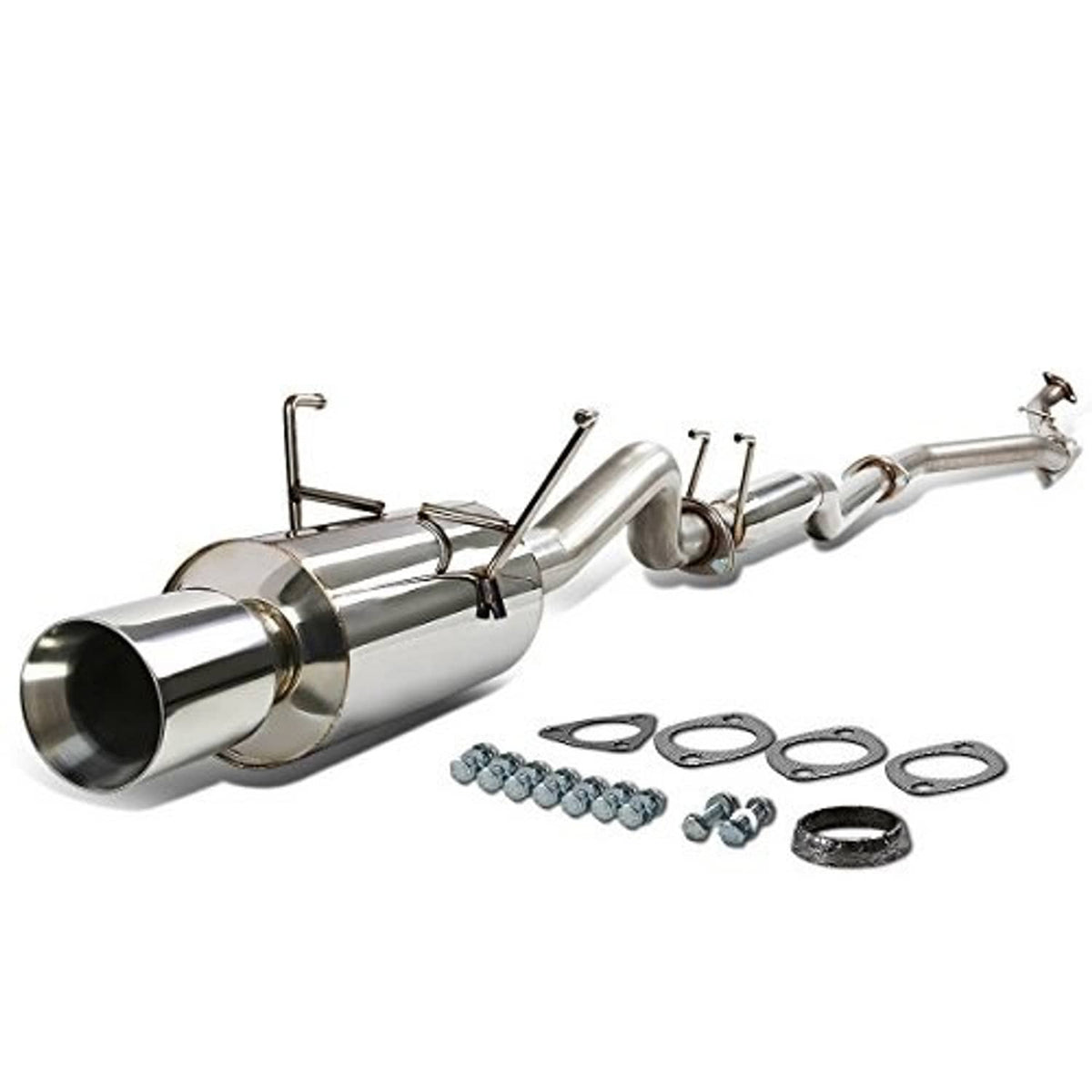 Cat-back exhaust muffler system with polished stainless piping, clamps, and mounting hardware