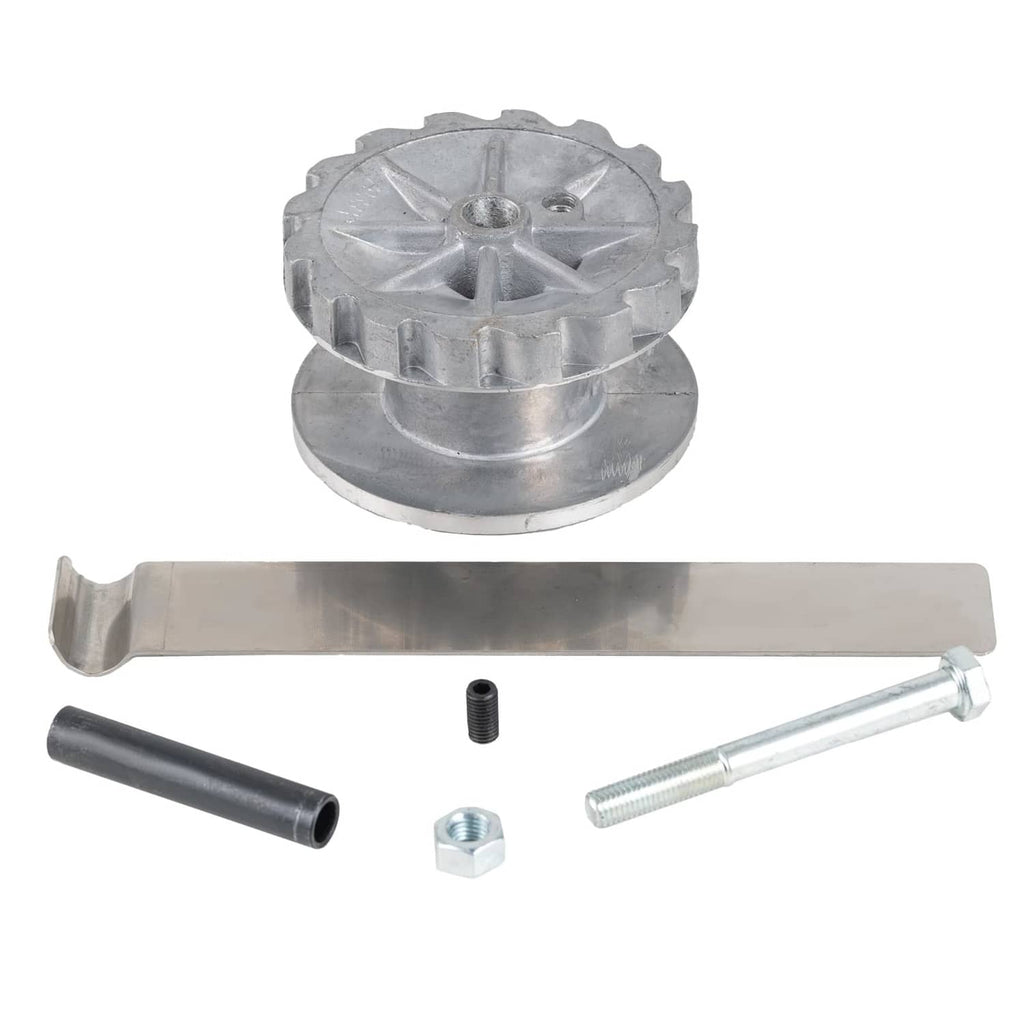 Metal ratchet wheel and cable puller kit with bolts, pin, and black handle sleeve
