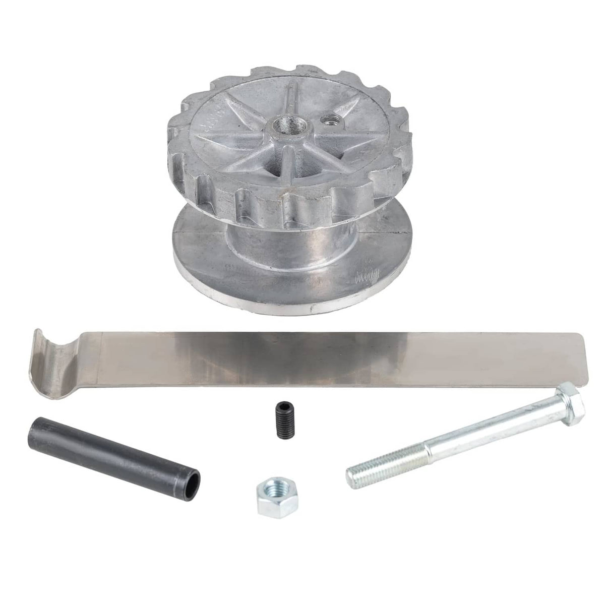 Metal ratchet wheel and cable puller kit with bolts, pin, and black handle sleeve