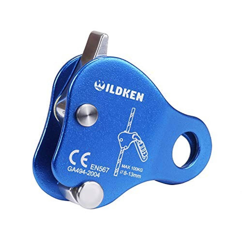 Blue ILDKEN rope grab belay device with side plate and rope attachment hole