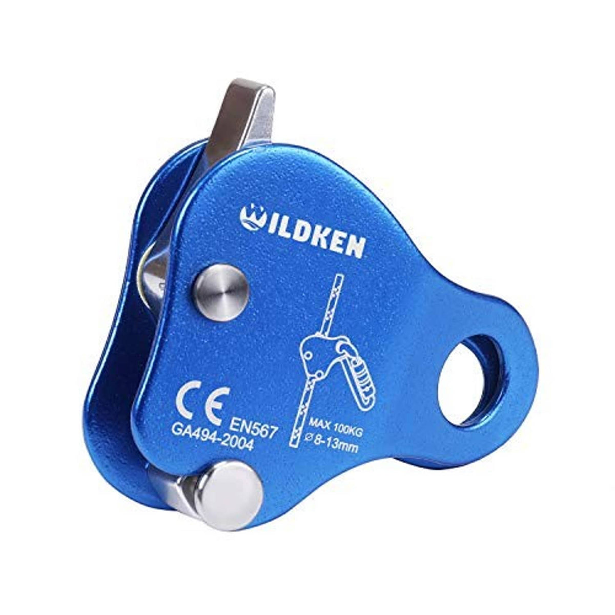 Blue ILDKEN rope grab belay device with side plate and rope attachment hole