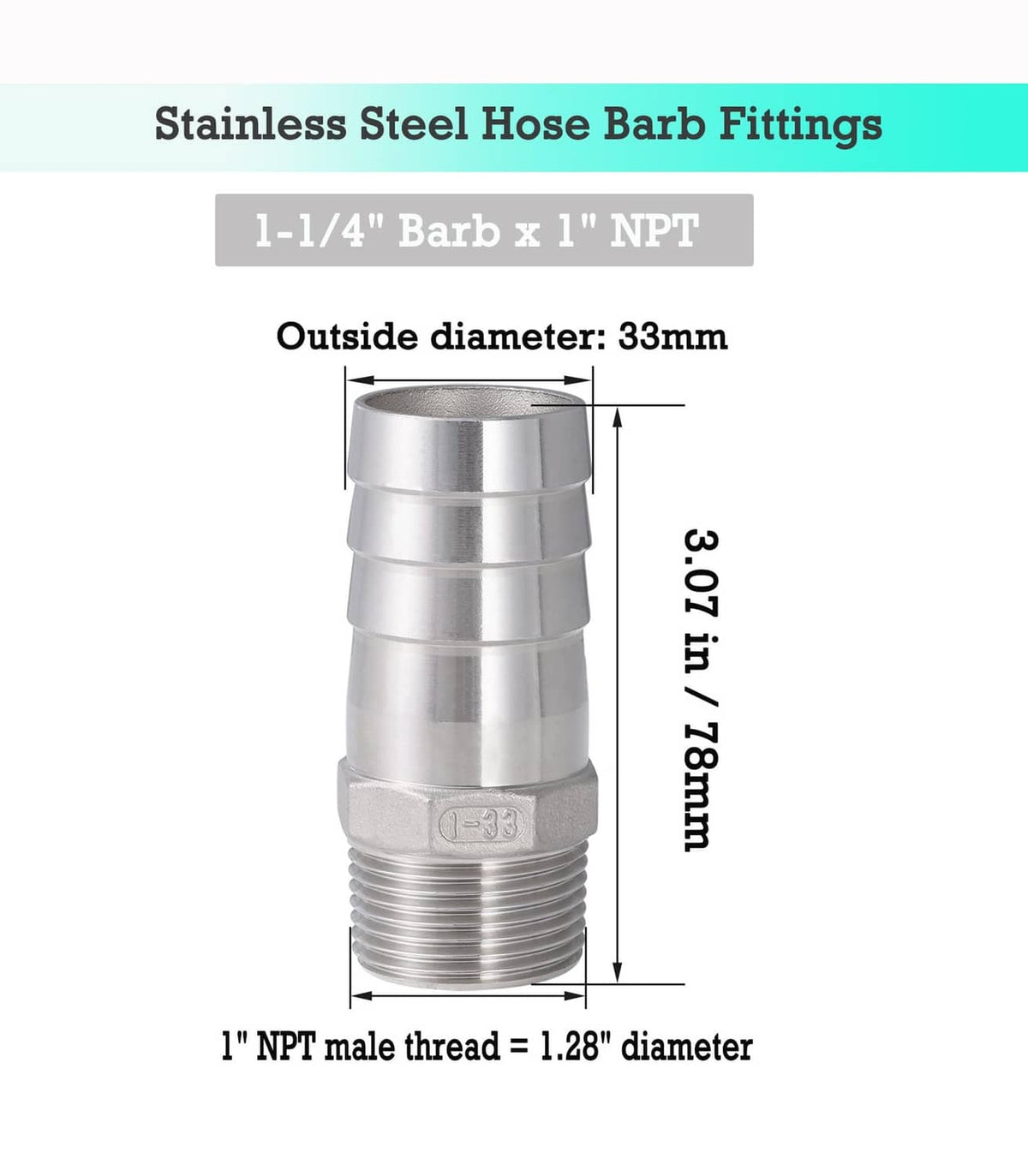 Stainless steel hose barb fitting dimension diagram, 1-1/4 barb x 1 NPT male