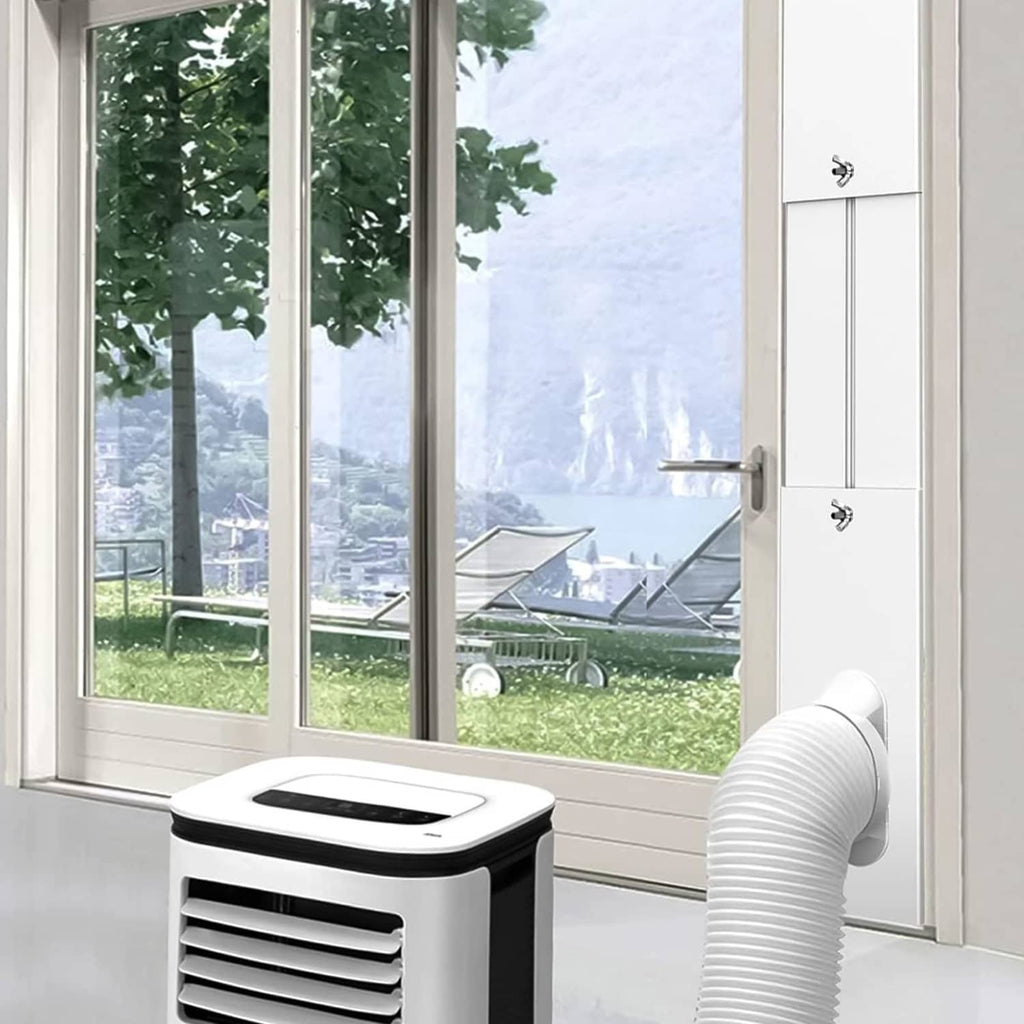 Portable AC exhaust hose vent with window seal plates installed, white