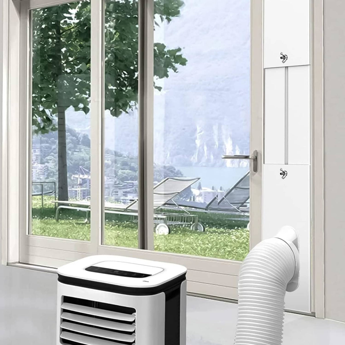 Portable AC exhaust hose vent with window seal plates installed, white
