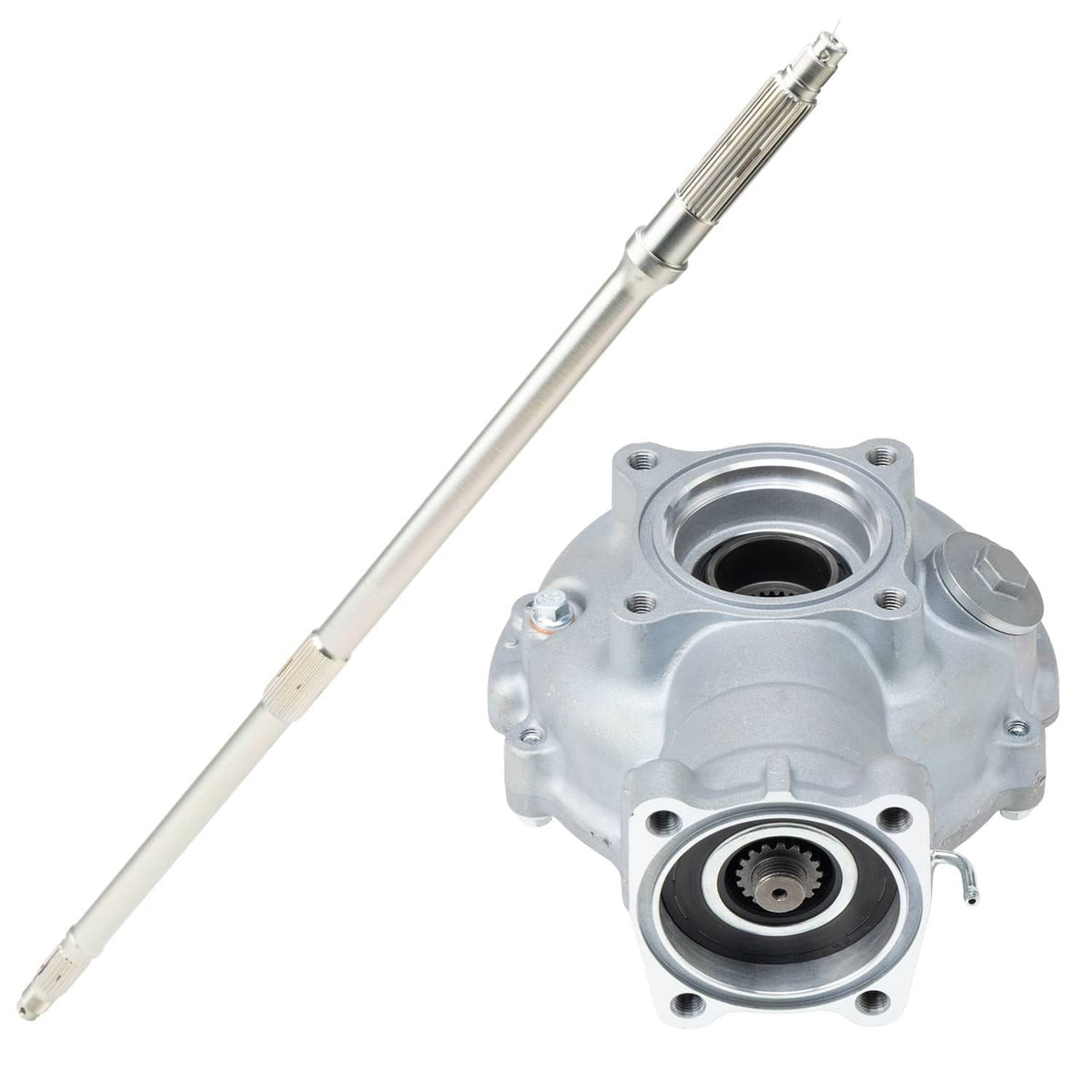 Rear differential housing with long axle shaft, silver metal with mounting bolt holes