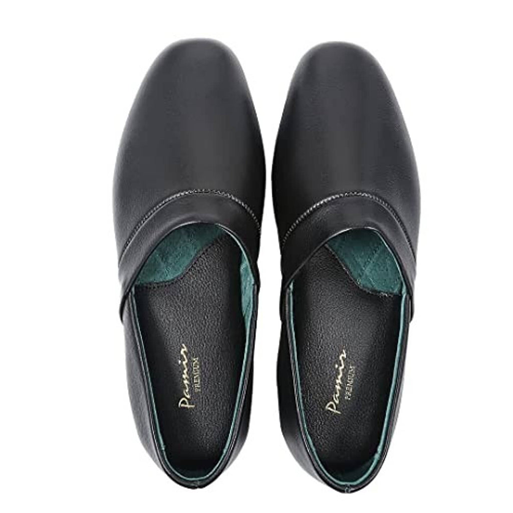 Men's black leather slippers, showing interior and rounded moc toe opening