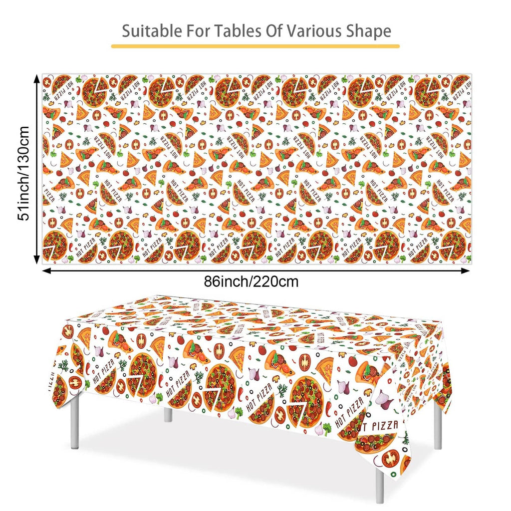 White pizza tablecloth, 51x87 in, with repeating Hot Pizza slice and veggie print