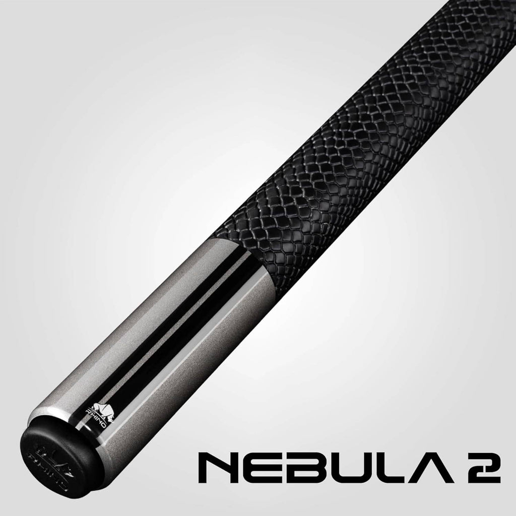 Pool cue butt with black textured wrap and black/gray grip area, end cap at tip.