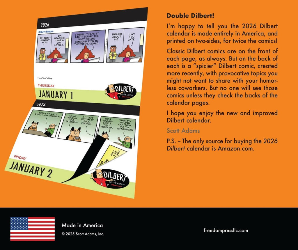Dilbert 2026 desk calendar back cover with cartoon calendar layout and printed text