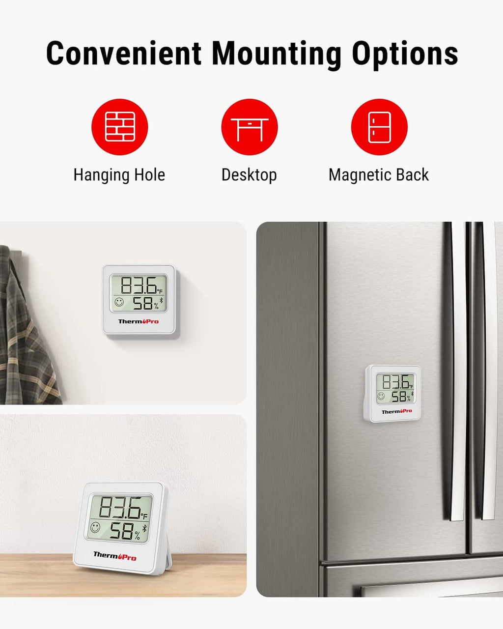 ThermoPro hygrometer showing mounting options: hanging hole, desktop, and magnetic back