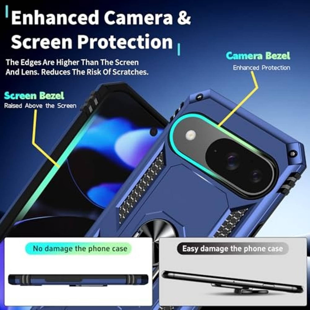 Blue rugged phone case with raised screen bezel and camera bezel protection ring