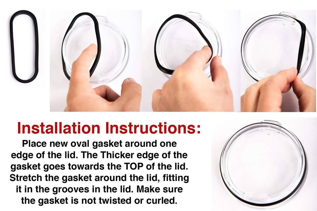 Black rubber gasket seal ring being placed on a clear tumbler lid