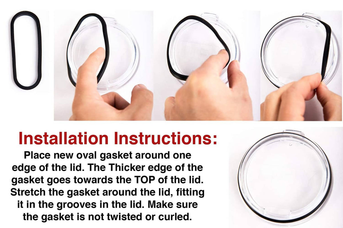 Black rubber gasket seal ring being placed on a clear tumbler lid