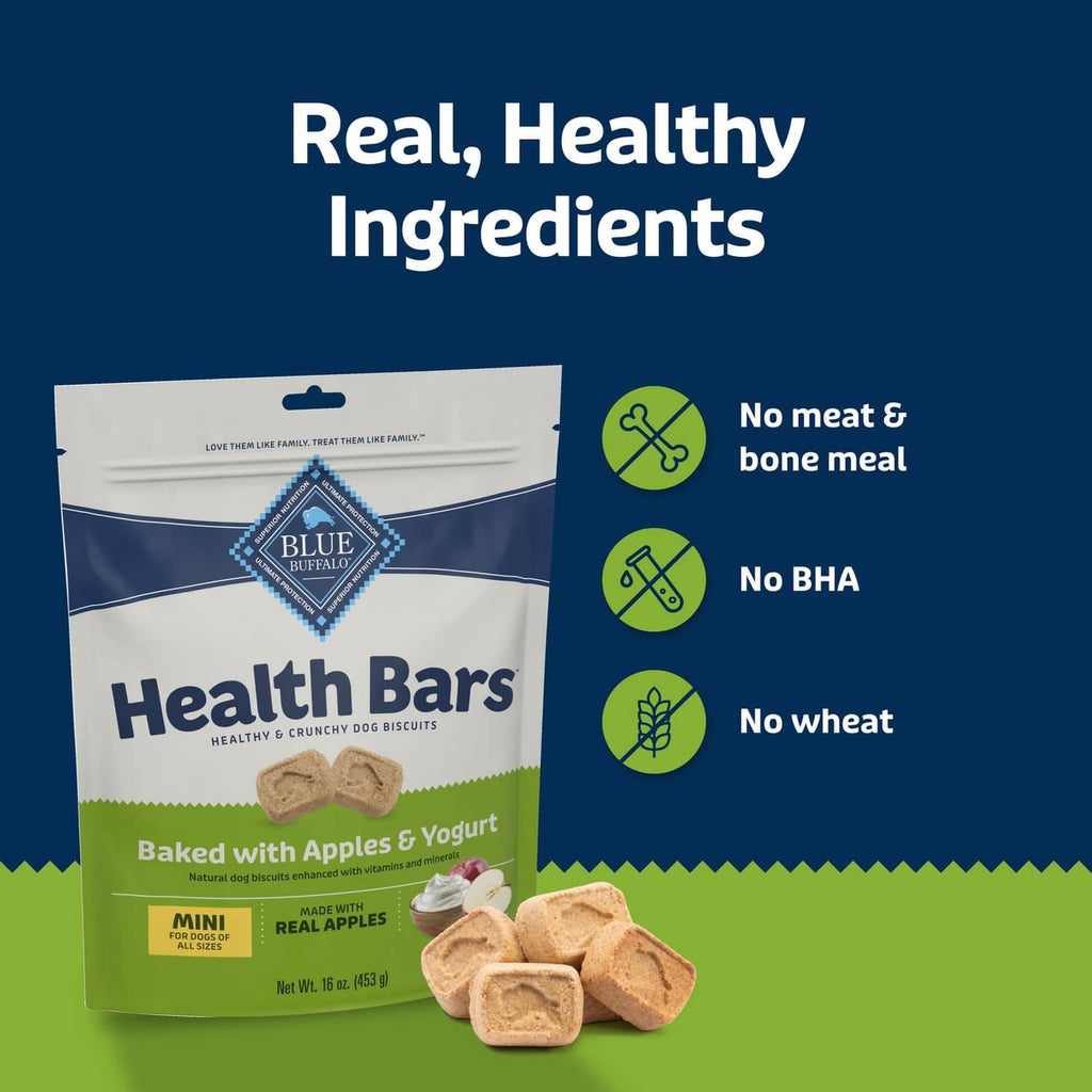 Blue Buffalo Health Bars pouch with mini apples graphic and no meat or bone meal icons