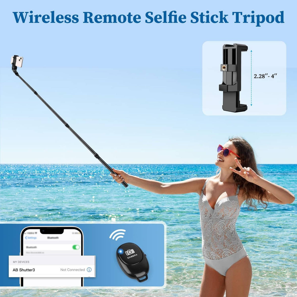 Black wireless remote selfie stick tripod with phone mount, held at arm's length