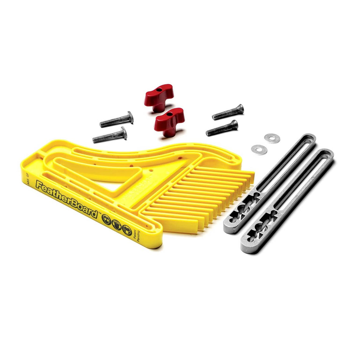 Yellow featherboard with red clamps, included hardware and mounting rails