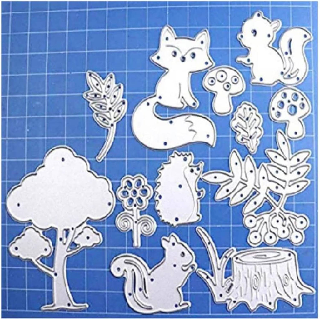 Forest animal metal die cuts sheet with white foxes, hedgehogs, trees, flowers and mushrooms