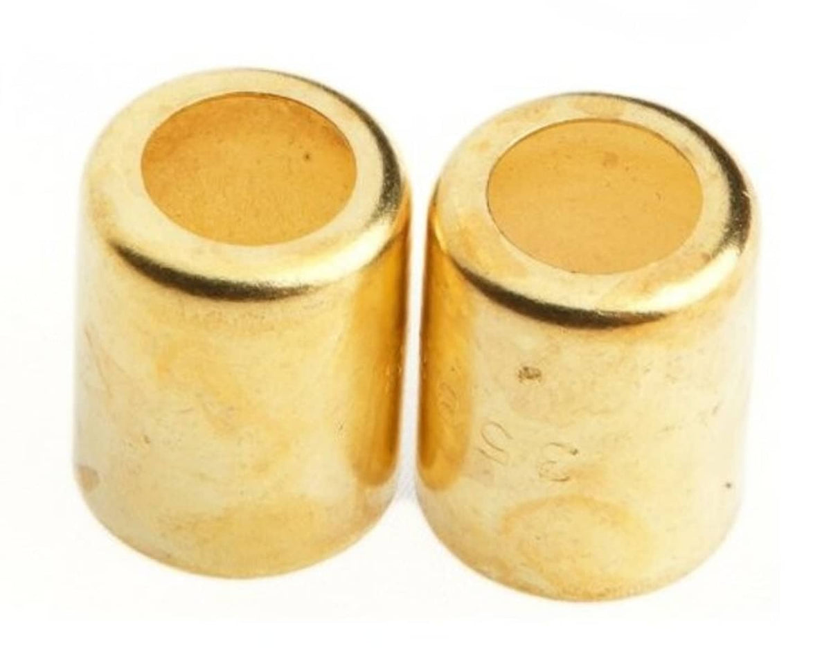 Pair of brass hose splicer sleeves, end views