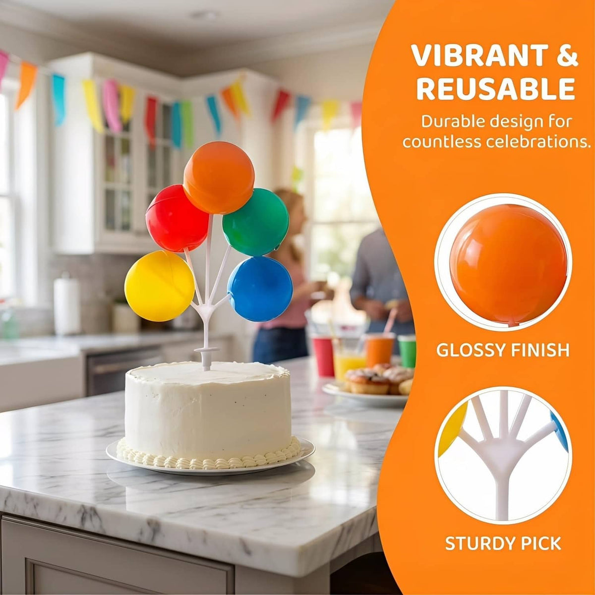 Multicolor plastic balloon cake topper with glossy orange, red, green, yellow, and blue balloons