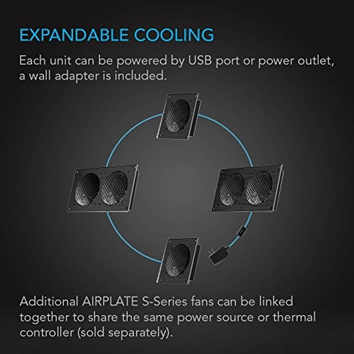 Expandable linked cabinet fan set with multiple units for USB or power-outlet use