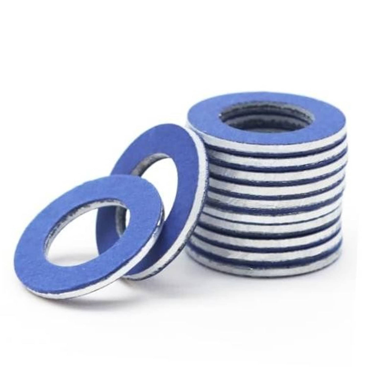 Blue oil drain plug gasket washers set with central hole, aluminum crush style
