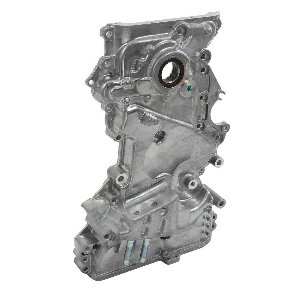 Engine timing cover oil pump assembly, silver metal casting with circular opening and mounting points