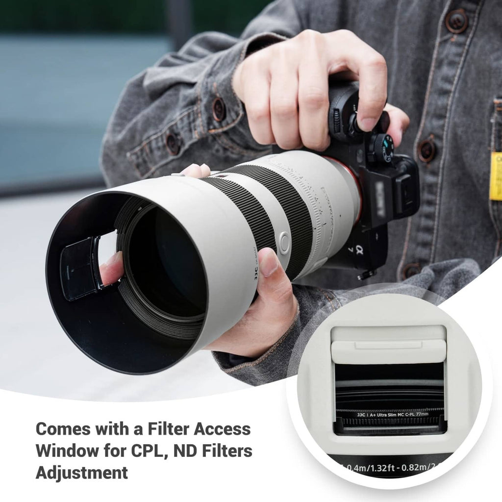 Lens hood with filter access window detail and black interior opening