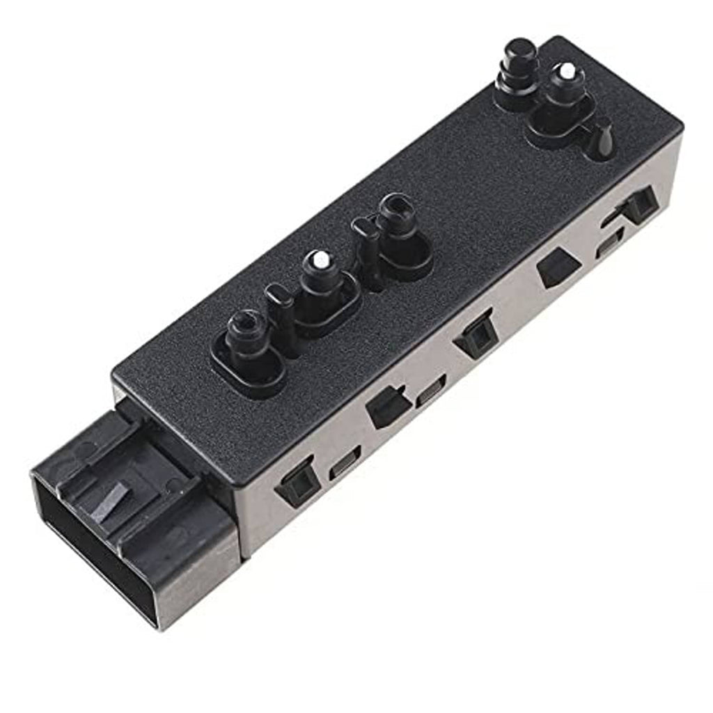 Car power seat control switch, dark gray side view with button knobs and plastic connector