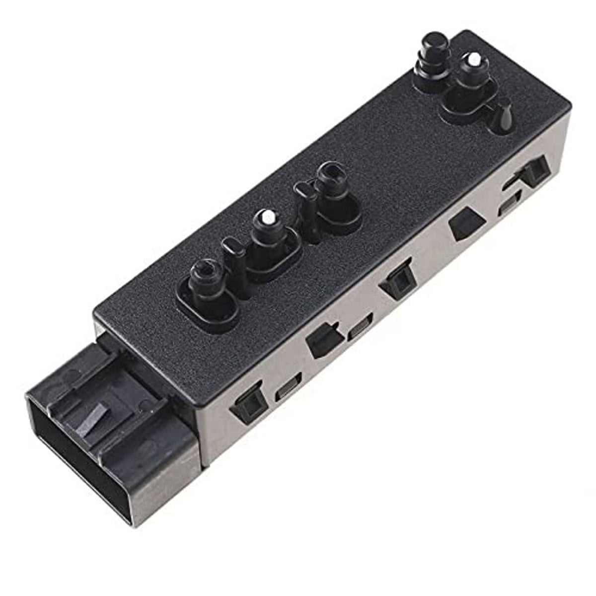 Car power seat control switch, dark gray side view with button knobs and plastic connector