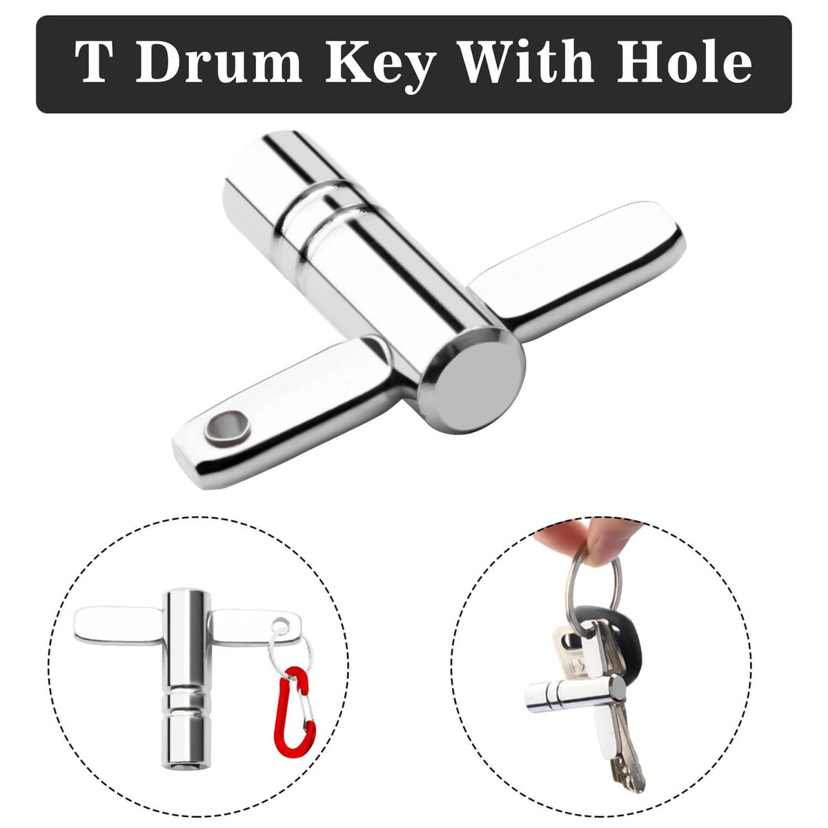 Chrome T-style drum tuning key with central hole for hanging and turning