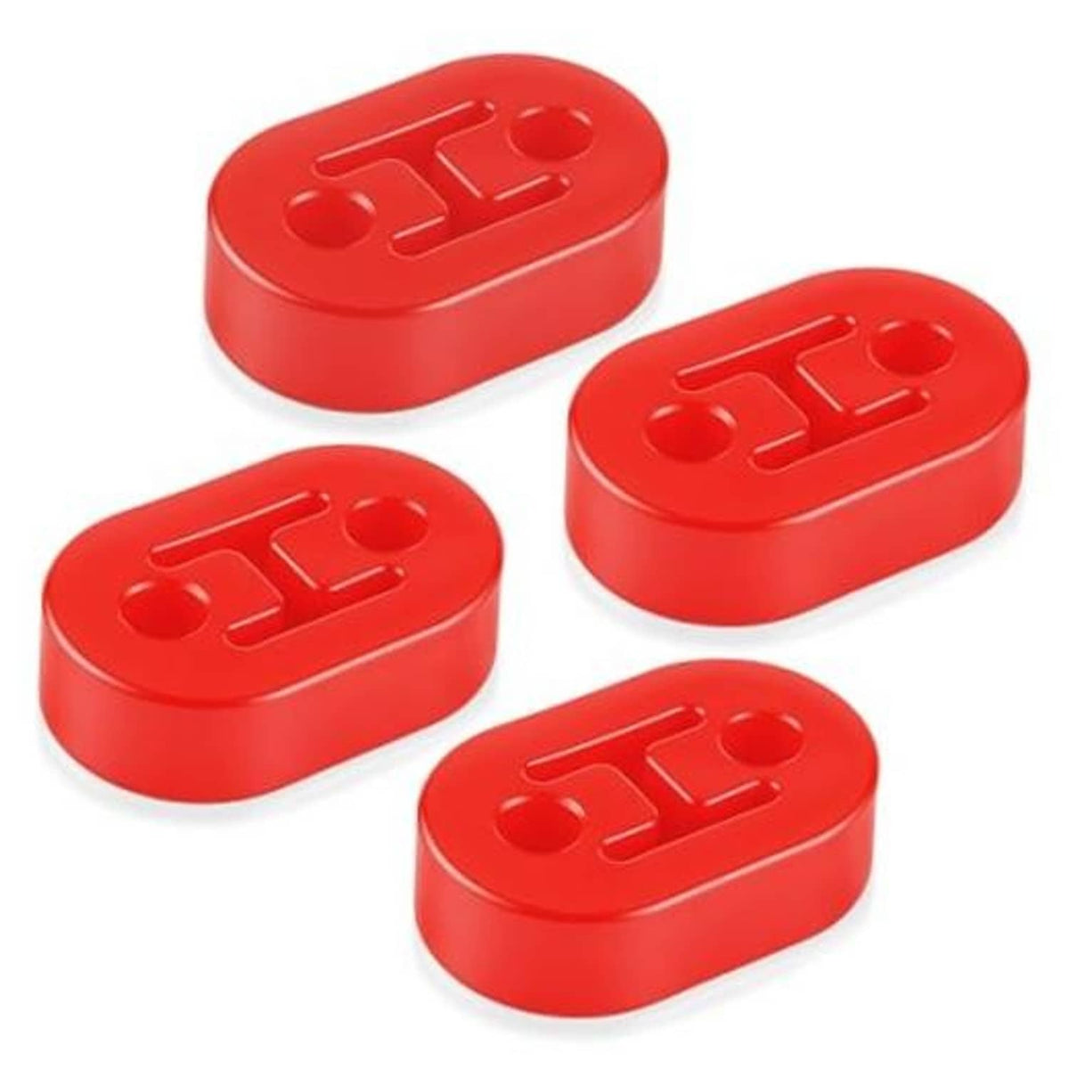 Set of four red rubber exhaust hangers with embossed HT-style logo and mounting cutouts