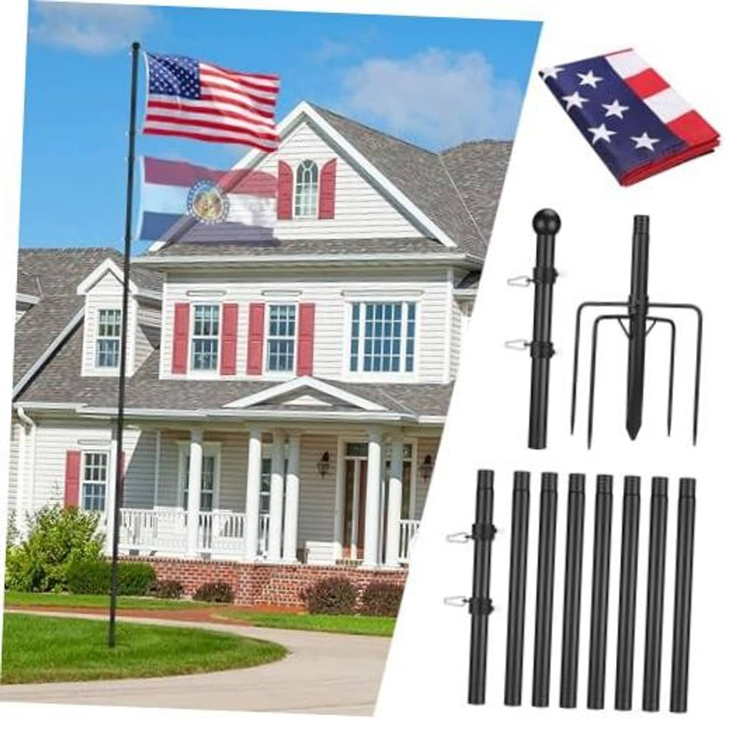 Black in-ground flag pole with an American flag flying above a house