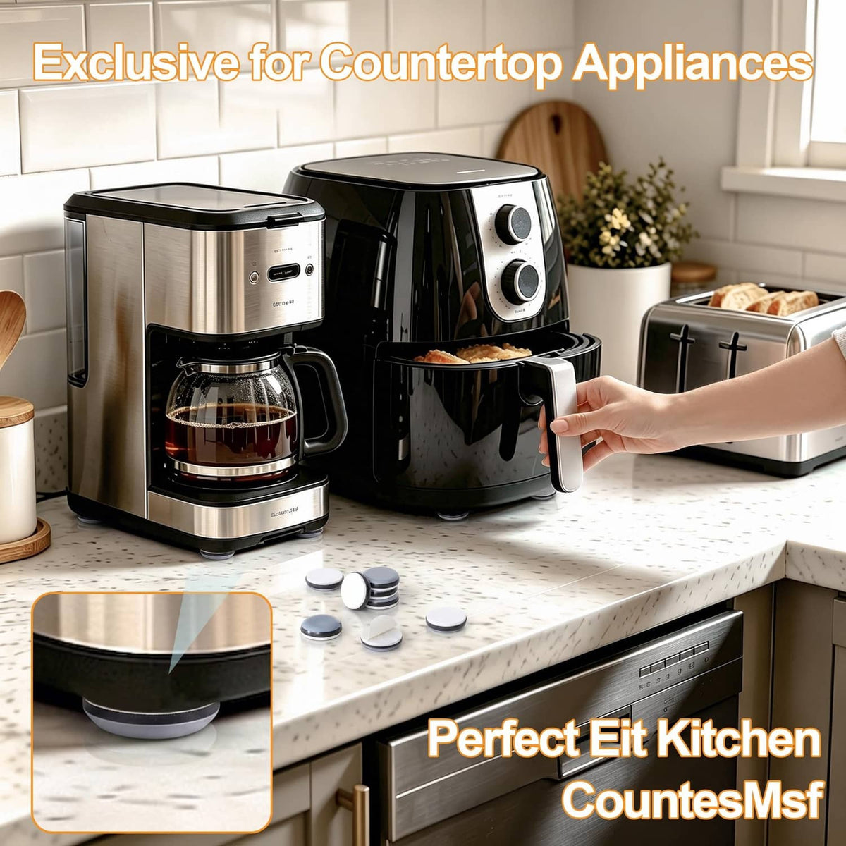 Grey slider pads for countertop appliances, shown under small machine feet