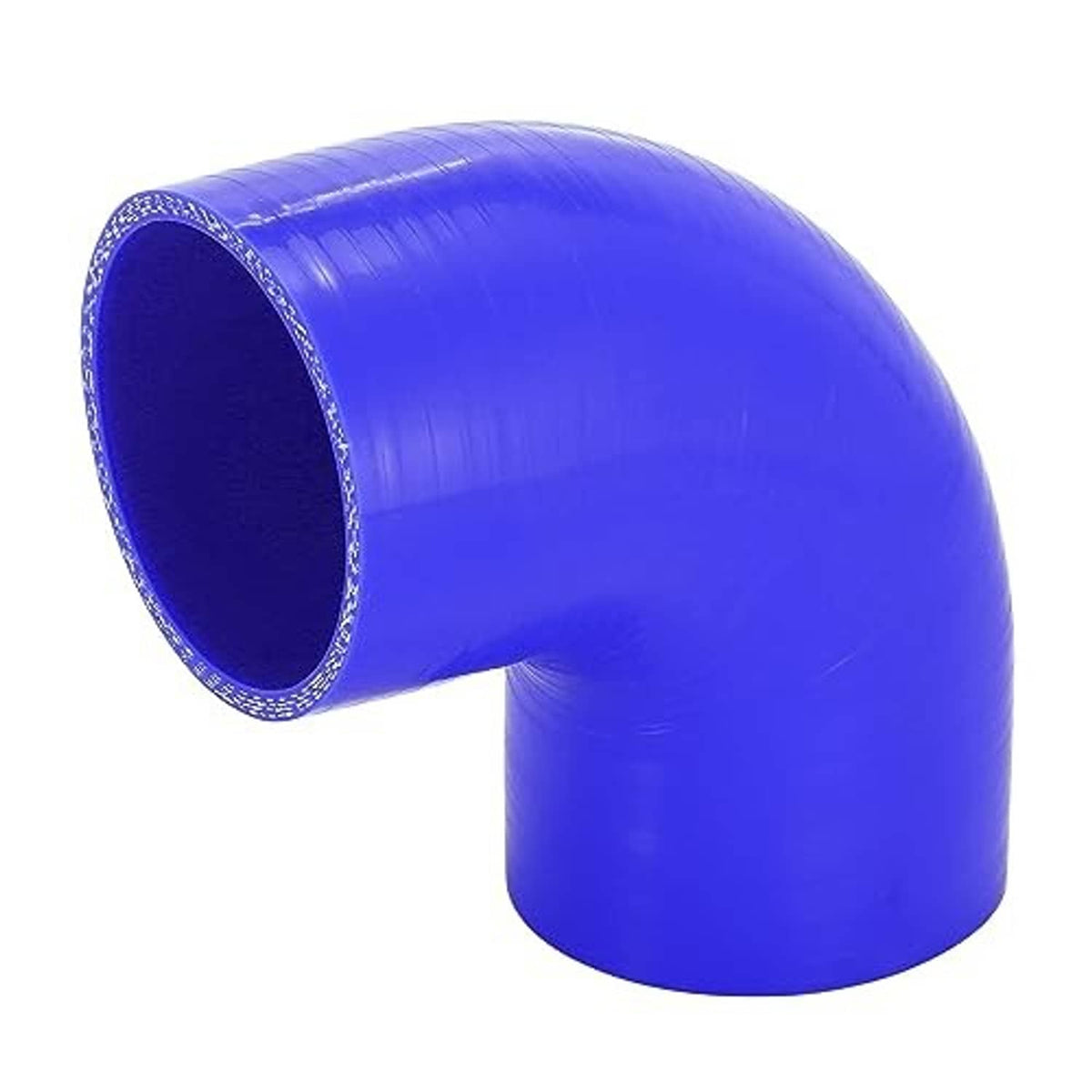 Blue 90-degree silicone hose elbow reducer with smooth curved bend and open ends.