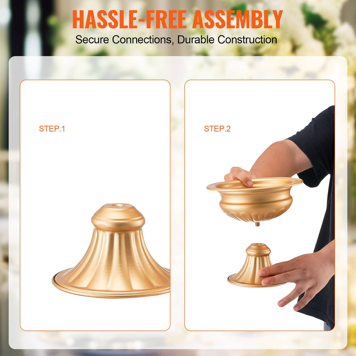 Gold metal vase parts with two-step assembly for a floral stand