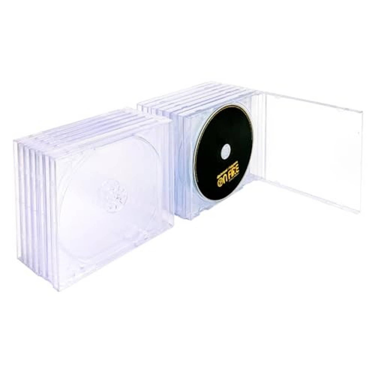 Clear CD jewel case set with one disc visible and another case closed