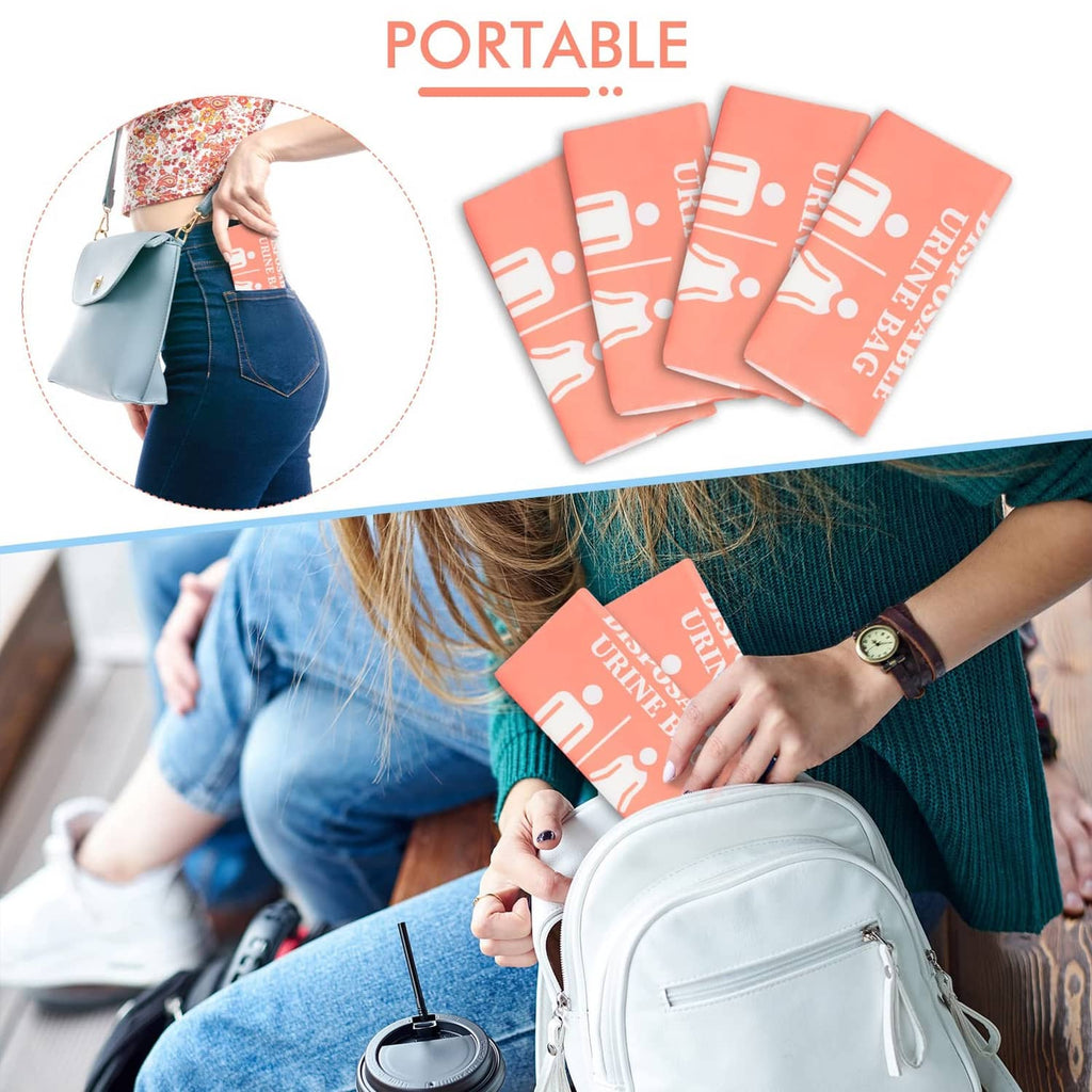Portable pink disposable urine bag packets for travel, held in a person’s hand