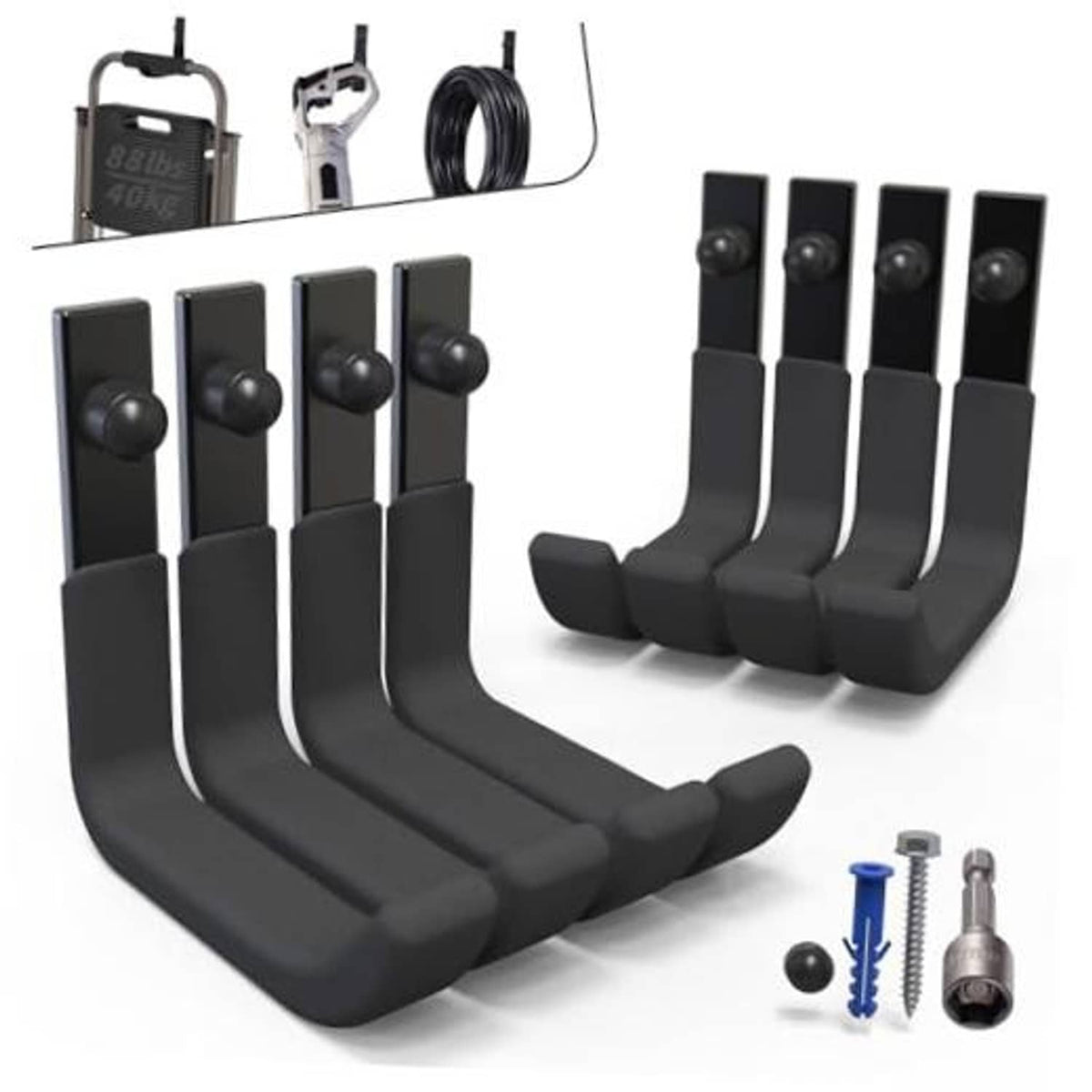 8-pack black steel garage storage hooks with ball ends and curved ladder hanger arms