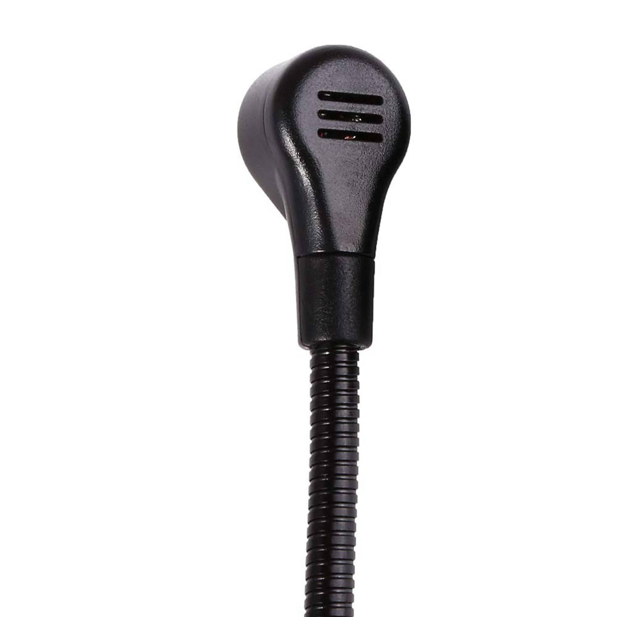 Black inline microphone head with foam grille and cable strain relief